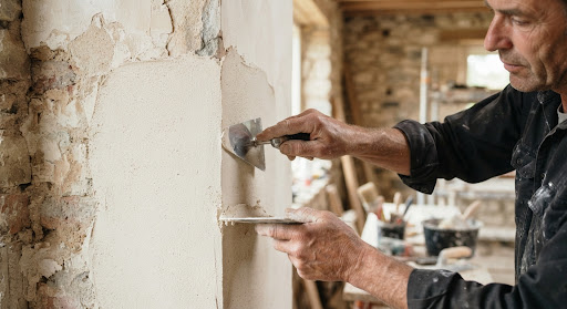 Craftsman applying lime plaster